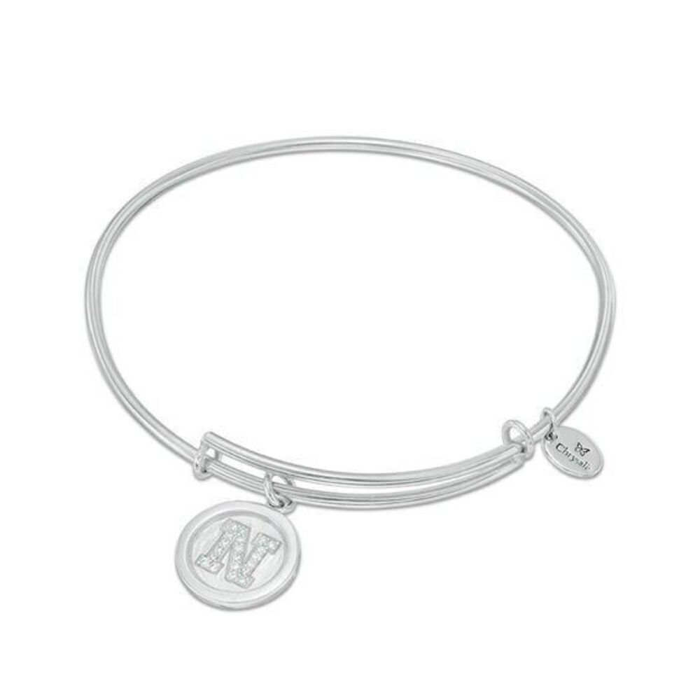 Chrysalis Cubic Zirconia "N" Initial Charm Adjustable Bangle in Sterling Silver